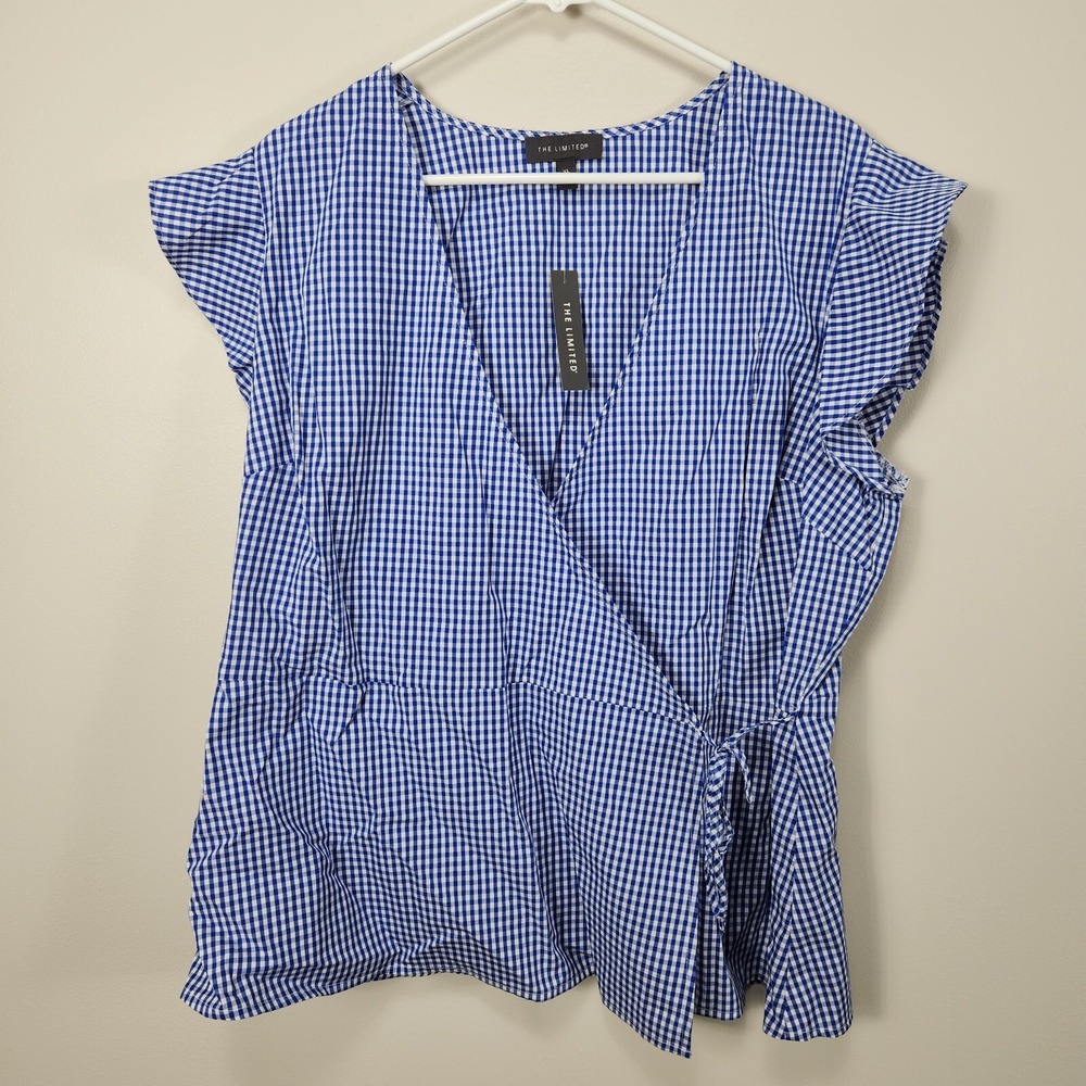 The Limited Women's Flutter Sleeve‎ Surplice blue Gingham Wrap Top XL MSRP $59